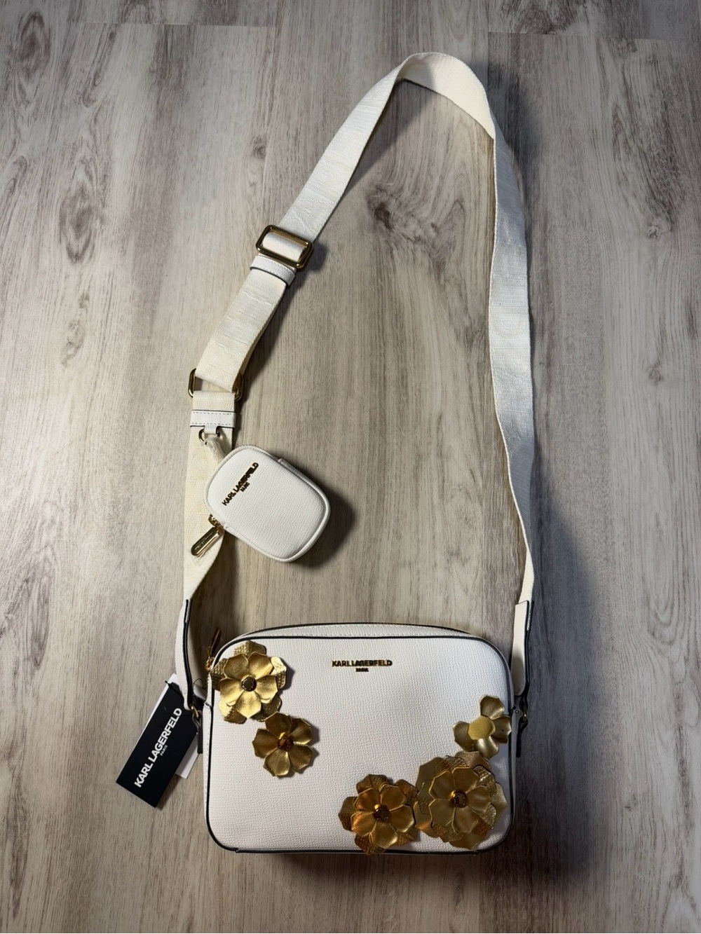 Karl Lagerfeld Ivory Crossbody with Gold Floral Accents